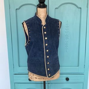 Scully Equestrian Event Vest. Navy Leather with Tan Piping. Gold Button/Beads. S